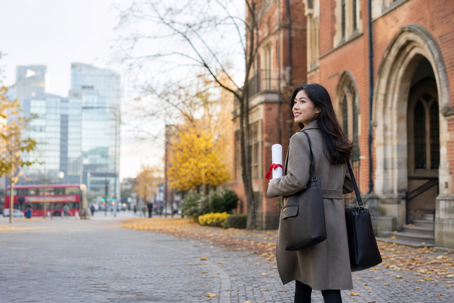秋天的英国红砖大学校舍前，一位华人女生拿着系红丝带的学位证书，望向远处的写字楼和红色双层巴士