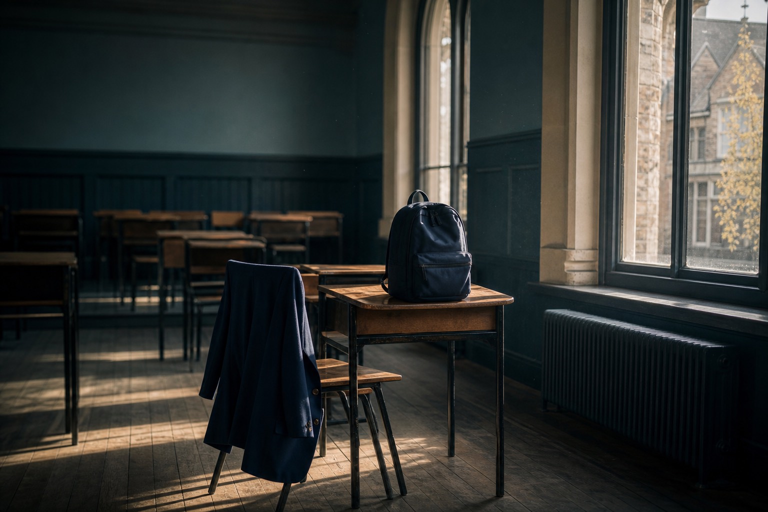 英国中学教室意象：靠窗的空课桌上放着一只新书包，椅背搭着校服外套